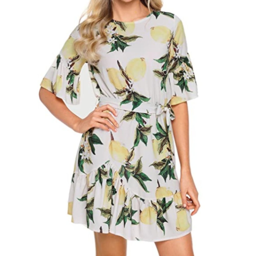 Floral Ruffle Hem Short Sleeve Mini Chiffon Dress